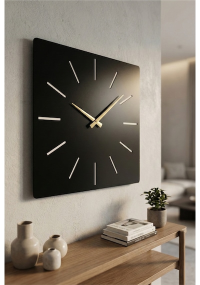 Kare Ahşap Siyah Renk Sade Sayılı Hediyelik Sessiz Duvar Saati 50cm Siyah