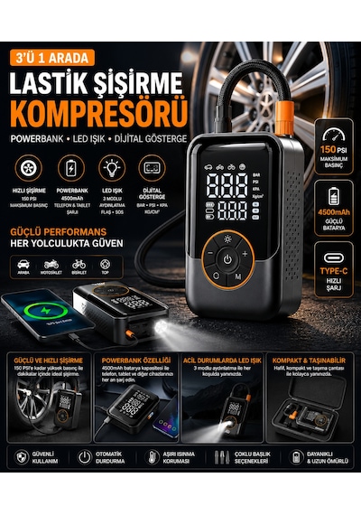 Mini Powerbank Özellikli Kompresör Araba Lastik Şişirme Havuz Top Motorsiklet İçin Şarjlı Pompa