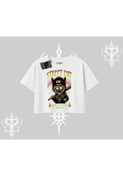 Tarzsokak Street Cat Kedi Baskılı Oversize Crop Tshirt Beyaz