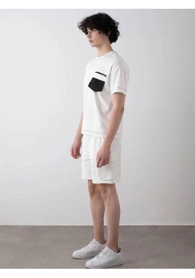 Erkek Teenage Fermuarlı Oversize Şortlu Takım-15543 Beyaz