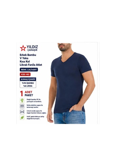 Yıldız Çamaşır Erkek Bambu V Yaka Kısa Kol Likralı Fanila Atlet 480-481-482 - 1 Adet Lacivert