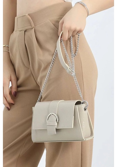 Lovelystore Kadın Deri Görünümlü Toka Detaylı Zincirli Omuz Çantası 23x13 Krem
