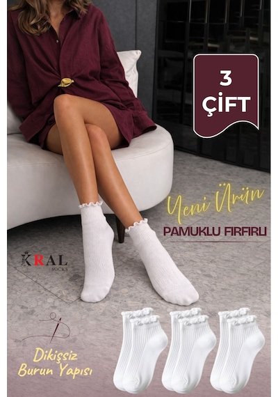 Kral Socks 3 Çift Pamuklu Fırfırlı Kadın Patik Çorap Dikişsiz Burun Beyaz