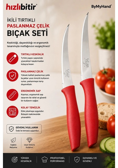 Bymyhand Paslanmaz Çelik Kırmızı Meyve Bıçağı Soyma Bıçağı Dilimleme Bıçağı 2'li Set
