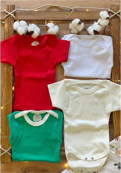 Betül Bebek Kısa Kollu 4'lü Organik Pamuk Çıtçıtlı Bebek Body & Zıbın Kırmızı,beyaz,ekru,yeşil Çok Renkli