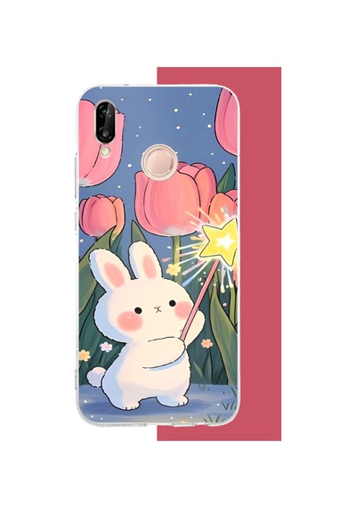 Huawei P20 Lite Uyumlu Peluş Tavşan Baskılı Silikon Kılıf Renkli