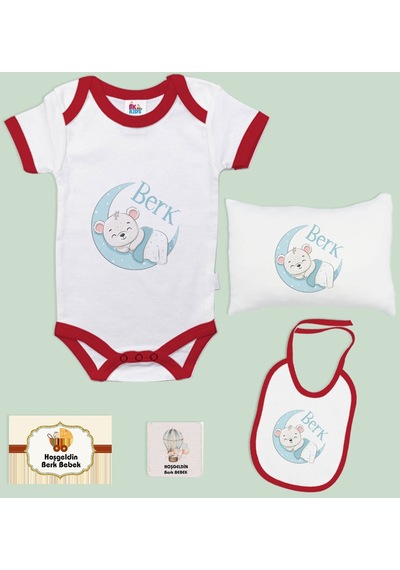 Bk Kids Kişiye Özel İsimli 5 Parça Kırmızı Bebek Body Zıbın Yastık Hediye Seti, Yeni Doğan Bebek Giyim Hediyesi-6