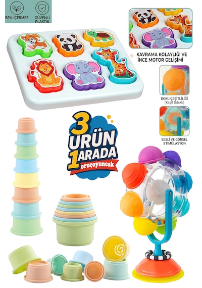 Neşeli Hayvanlar Bultak + Mama Sandalyesi Eğlencesi Vantuzlu Işıklı Dönme Dolap +8 Li Kule