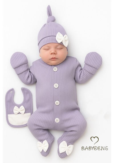 Babyden's 4 'lü Kız Bebek Fitilli Yenidoğan Bebek Tulum Seti %100 Pamuklu Hastane Çıkışı Lila