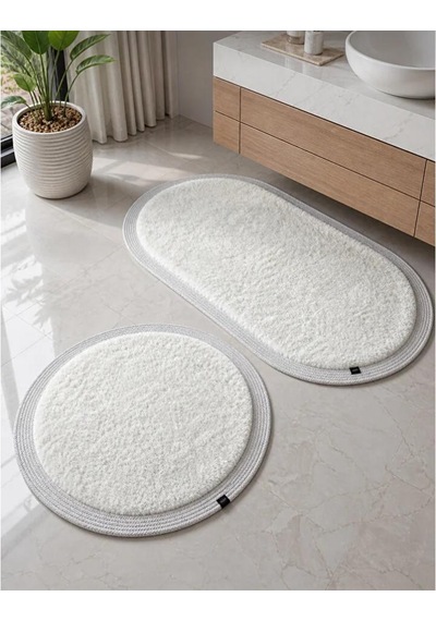 Kaymaz Taban Peluş Banyo Paspası Seti Beyaz Rengi Jüt Kenar Detaylı 2'li Oval Yuvarlak 100x60 60x60