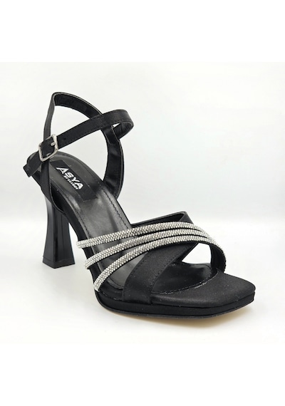 Asya 104070 Siyah Saten Taş Detaylı Platform Topuklu 8cm Kadın Abiye Sandalet Ayakkabı