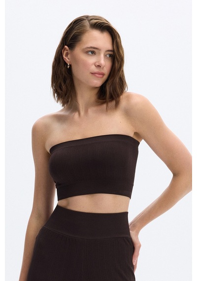 SubTone Dikişsiz Rib Dokulu Straplez Crop Top Koyu Kahve Kahverengi