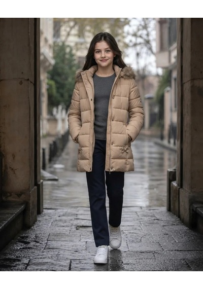 X-boss-x Kız Çocuk Bej Kapüşonlu Kışlık Mont Modeli