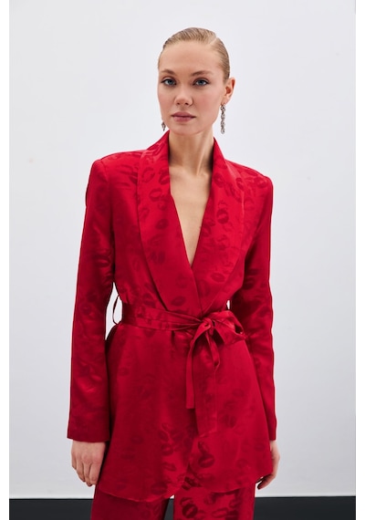 Sateen Şal Yaka Kuşaklı Ceket - Kırmızı-135682 Kırmızı