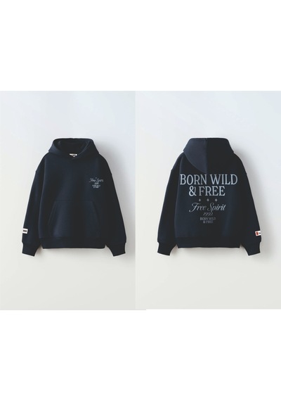 Unisex Koyu Mavi Renk Slogan Yazılı 3 İplik Şardonlu Kapüşonlu Sweatshirt Gri - Siyah