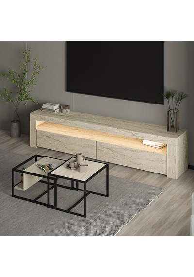 Batı Led Işıklı Tv Sehpası Ve Modern İkili Orta Sehpa Set Traverten