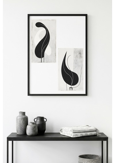 Doğal Ahşap Çerçeveli Minimal Siyah-beyaz Desenli Tablo - Modern Huhu1225