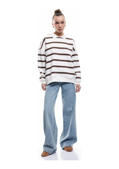 Koton Şardonlu Polo Yaka Çizgili Oversize Sweatshirt Kahverengi Çizgili 6wal10230ık Kahve Çizgili