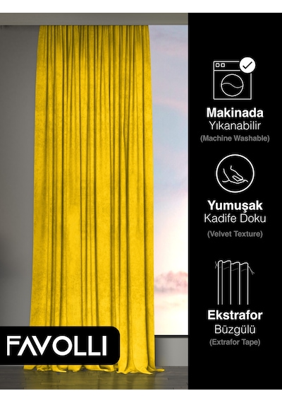 Br Favolli Kadife Dokulu Güneş Sarısı Ada Fon Perde Ekstrafor Büzgülü Dream Series Güneş Sarısı