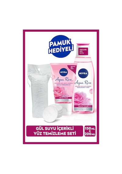 NIVEA Aqua Rose Organik Gül Suyu Yüz Ve Makyaj Temizleme Jeli 150 ML + Nemlendirici Tonik 200 ML + Pamuk