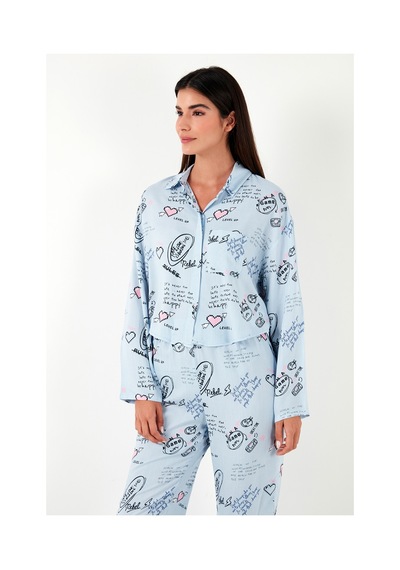 Lela Desenli Rahat Kesim Bol Paça Yazlık Bayan Pijama Takımı 6110014 Açık Mavi