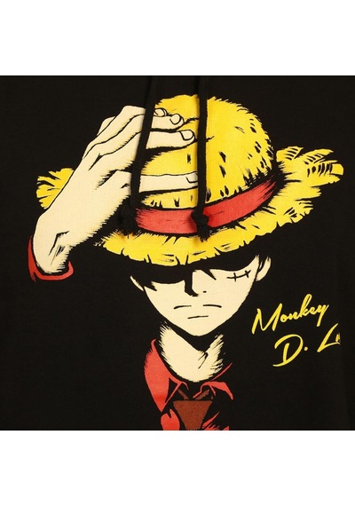 Bant Giyim - One Piece Luffy Siyah Kapüşonlu Sweatshirt Siyah