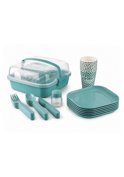 Titiz Lovely 32 Parça 6 Kişilik Piknik Seti Bpa Free Kapaklı Taşınabilir Piknik Sepeti - Mavi