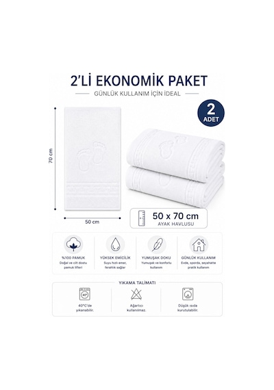 2 Li Ayak İzli Banyo Paspas 100 Pamuklu Ayak Havlusu 50x70 Cm Beyaz