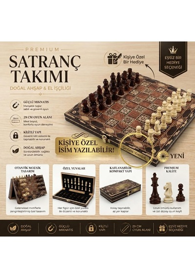 Kişiye Özel İsim Yazılabilir Lüks Mozaik Desen Ahşap Manyetik Satranç Seti 29 Cm Premium Oyun Takımı