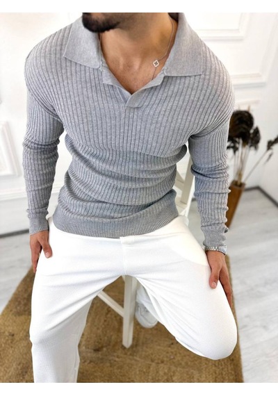 Elku Moda Kazak Slim Fit Polo Yaka Fitilli Yumuşak Dokulu Tüylenmez Sweatshirt Gri