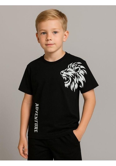 Ekkokids Çocuk Aslan Baskılı Pamuklu Oversize T-shirt-16014 SIYAH