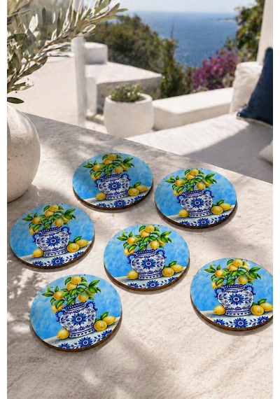 Limonlu Biblo Motifli Bardak Altlığı 6 Lı Set Sicilya 9 Cm Mdf Çok Renkli