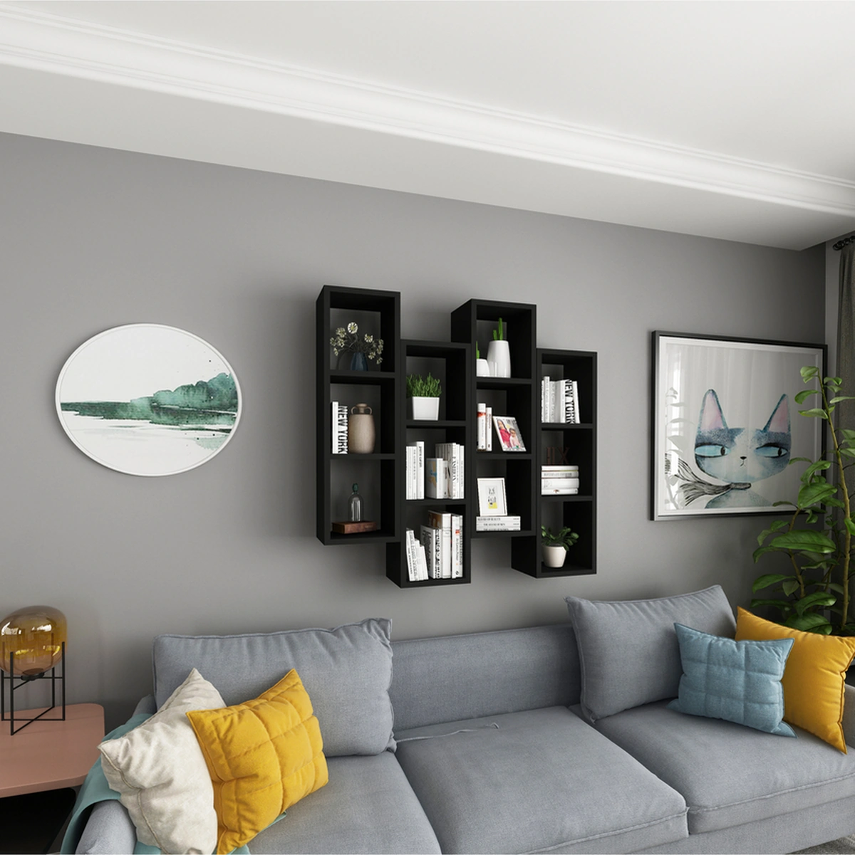 Kitaplık Mobilya Duvar Rafı Salon 4 Lü Takım Siyah Siyah