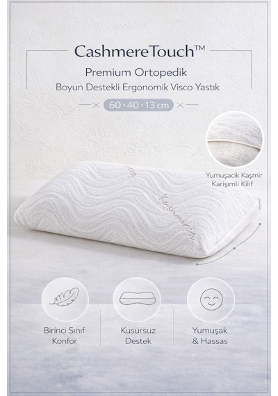 CashmereTouch™ Premium Ortopedik Boyun Destekli Ergonomik Visco Yastık 60*40*13 cm