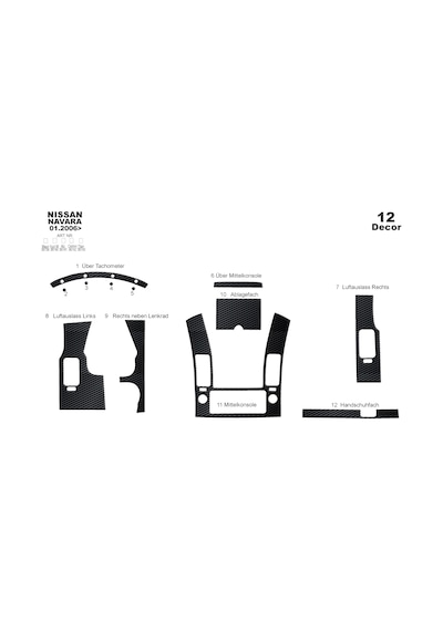 Nissan Navara Torpido Kaplama 2006-2010 12 Parça Siyah Karbon