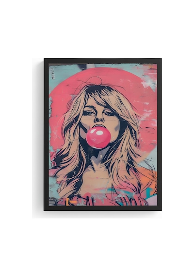 Doğal Ahşap Çerçeveli Grafik Portre Desenli Tablo - Pembe Tonlar Huhu1847