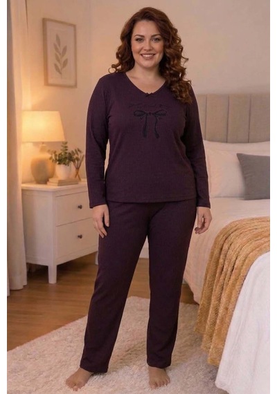 Büyük Beden Kadın Baskılı Kaşkorse Pijama Takımı Mürdüm