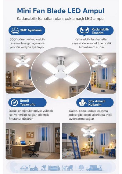 Tr 4 Kollu Katlanabilir Led Tavan Ampulü E27 Duy Uyumlu Yüksek Parlaklık Enerji Tasarruflu Modern Tavan Aydınlatma A Genel
