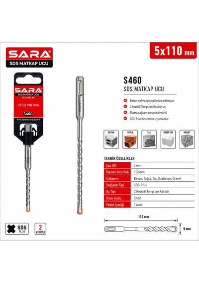 Sara S460 Sds Plus Matkap Ucu 5 X 110 Mm, 2 Kesicili Tungsten Karbür Uçlu