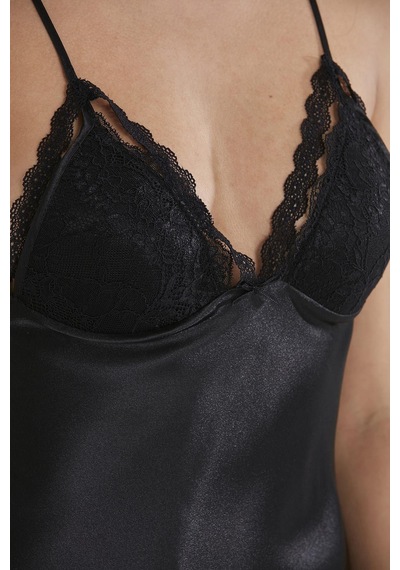 Pierre Cardin 4250 Kadın Saten Dantelli Gecelik&sabahlık Takım - Siyah Siyah
