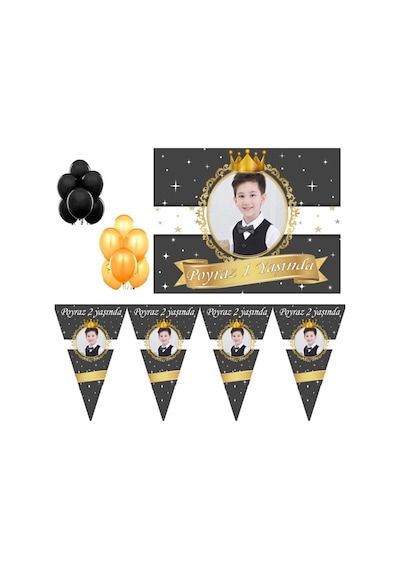 Siyah Beyaz Dore Gold 1 Yaş Doğum Günü Süsleri, Süsleme Seti Hdt2 +3