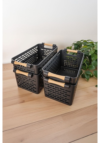 4 Adet Çok Amaçlı Organizer Siyah Sepet Plastik Tutacaklı Dolap İçi Çekmece Düzenleyici Sepet Plasti Diğer