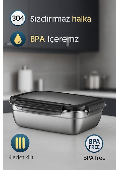 2 Adet 304 Çelik 850 Ml Yemek Meyve Et Buzdolabı Beslenme Saklama Kabı Mt225 Gri