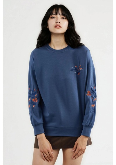 Hiccup Modal Dokulu İşlemeli Bisiklet Yaka Sweatshirt Berşan Collection Peygamber Çiçeği Mavisi