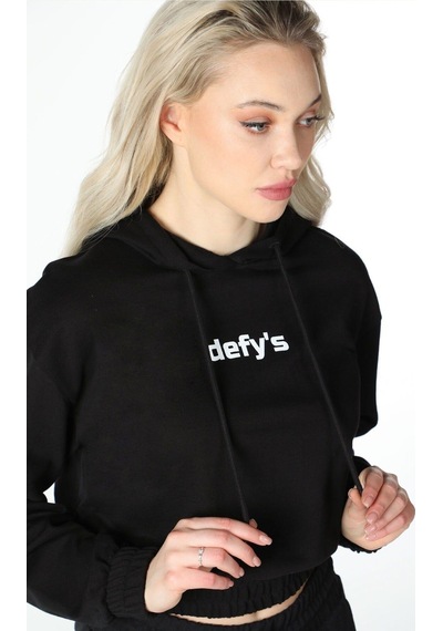 Defys Kadın Baskılı Kapüşonlu Crop Sweat Siyah - 497134715 Siyah