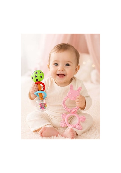 3lü Çıngıraklı Diş Kaşıyıcı Set Pembe