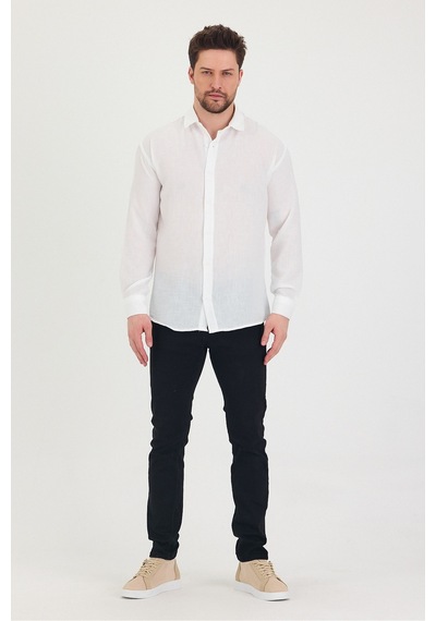 Cool Tarz Erkek Slim Fit Dar Kalıp Uzun Kol Pamuklu Keten Efekt Gömlek Beyaz Beyaz