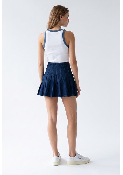 Mixray 2191 Kadın Çift Tokalı Pilili Yüksek Bel Denim Mini Etek Lacivert