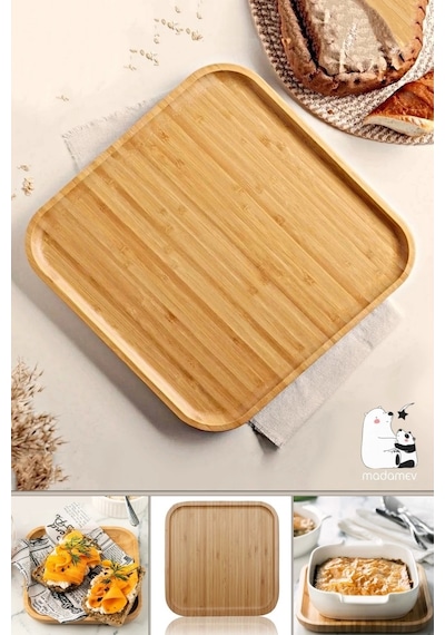 6 Adet Gourmet Kare Bambu Kahvaltı Tabağı Pasta Servis Sunum Tepsi İkramlık Ahşap Tabak 25x25 Seti