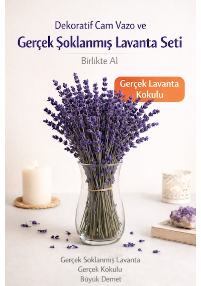 Gerçek Şoklanmış Lavanta Ve Cam Vazo Seti Gerçek Kokulu Dekoratif Lavanta Demeti